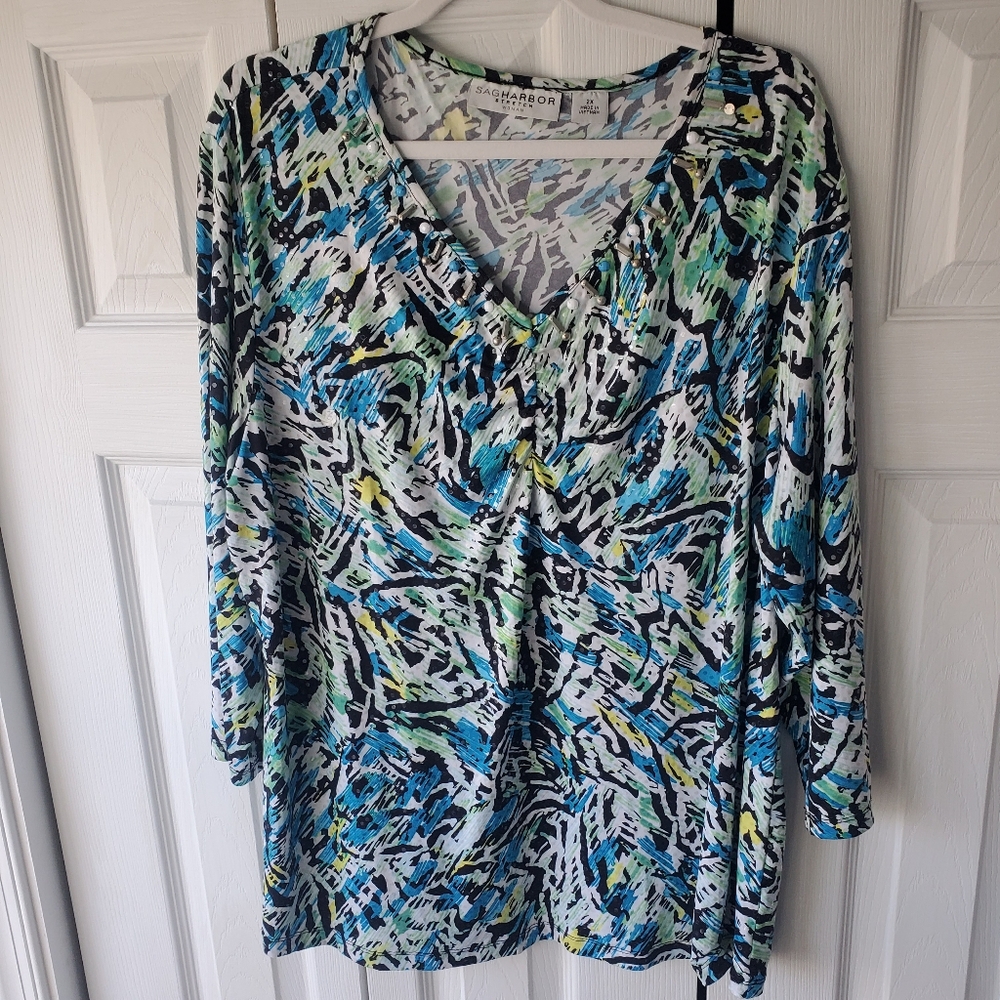 SAG Harbor Woman's Top 3/4 Sleeves Sz 2X Stretchy Knit Embellished Multicolor